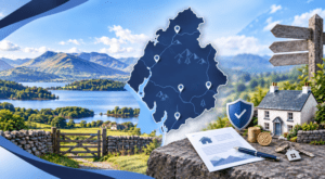 Equity Release Advisers in Cumbria with a Cumbria map, location pins, Lake District scenery and property finance symbols.
