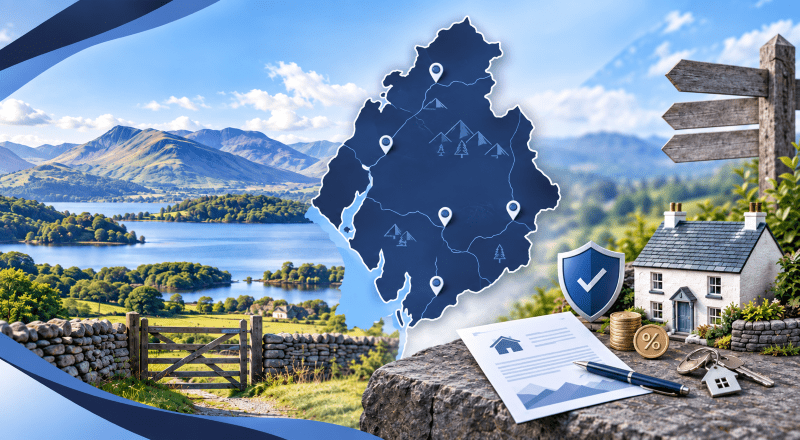 Equity Release Advisers in Cumbria with a Cumbria map, location pins, Lake District scenery and property finance symbols.