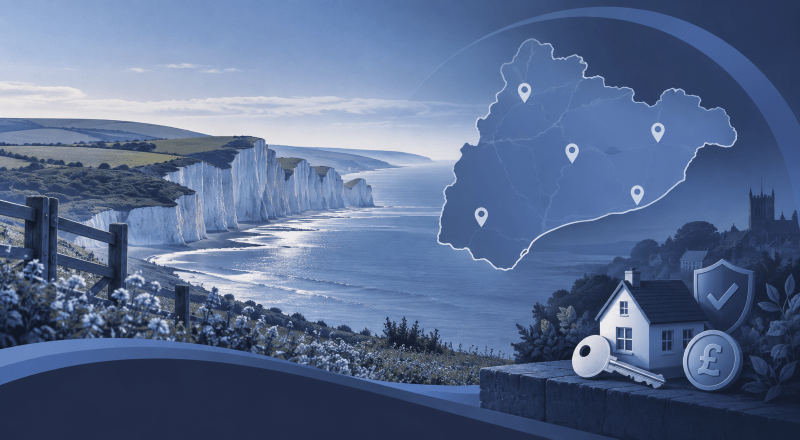 : Equity Release Advisers in East Sussex with coastal cliffs, county map, home, key and property finance icons