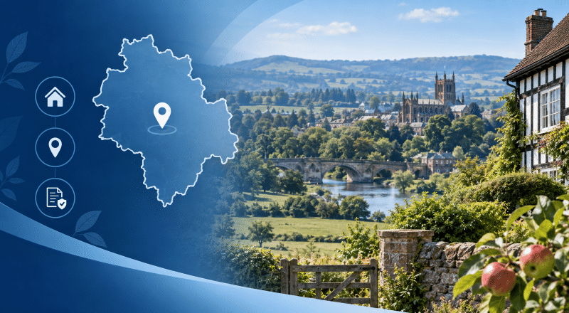 Equity Release Advisers in Herefordshire – Herefordshire countryside, homes and location map highlighting later-life property advice.