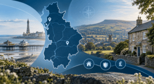 Equity Release Advisers in Lancashire with Lancashire map, location pins, coastal landmarks, countryside and home finance icons
