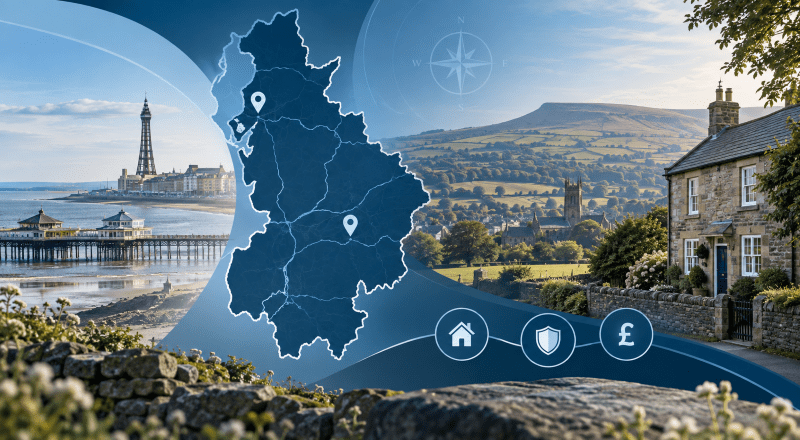 Equity Release Advisers in Lancashire with Lancashire map, location pins, coastal landmarks, countryside and home finance icons