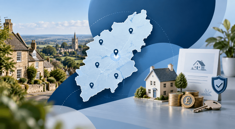 Equity Release Advisers in Northamptonshire with a county map, location pins, UK homes, house key and retirement property planning symbols.