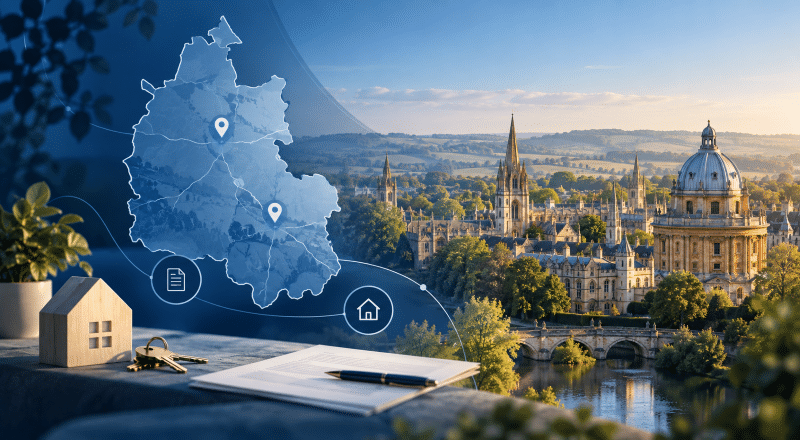 Equity Release Advisers in Oxfordshire with a location map, property icons and Oxford-inspired architecture.