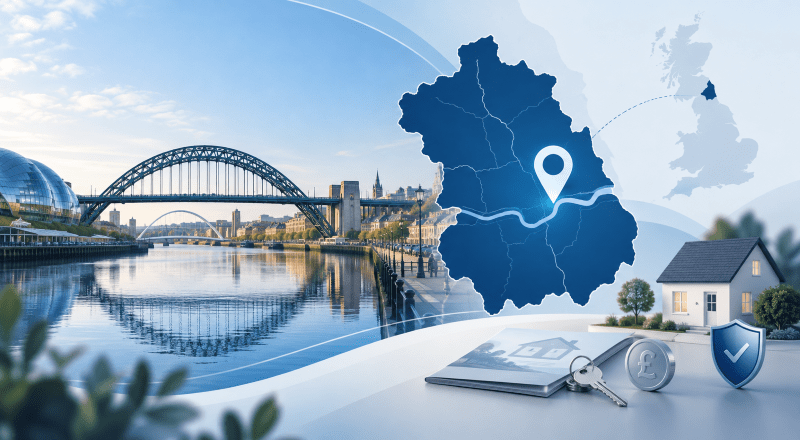 Equity Release Advisers in Tyne and Wear – location map with Tyne Bridge, home and later-life lending icons
