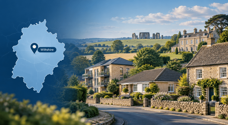 Hero image for Equity Release Advisers in Wiltshire showing a Wiltshire location map, property types, and a countryside scene with a local landmark.