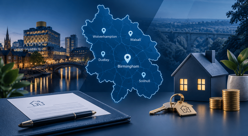 Equity Release Advisers in the West Midlands map with Birmingham, Wolverhampton, Walsall, Dudley and Solihull, alongside a house, keys and financial planning details.