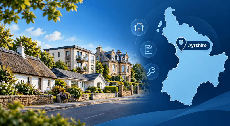 Equity Release Advisers in Ayrshire hero image showing a stylised Ayrshire map with a location pin beside a street scene with varied homes, including a cottage, bungalow, flats and a larger stone property, in dark and light blue branded colours. Do you like this personality?