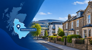 Equity Release Advisers in Clackmannanshire hero image showing a highlighted map of Clackmannanshire with a location pin beside a residential street of mixed property types in a clean blue branded design.