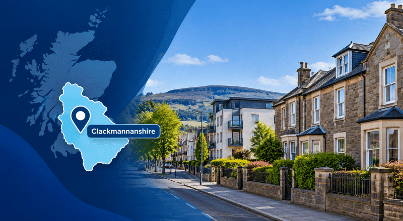 Equity Release Advisers in Clackmannanshire hero image showing a highlighted map of Clackmannanshire with a location pin beside a residential street of mixed property types in a clean blue branded design.