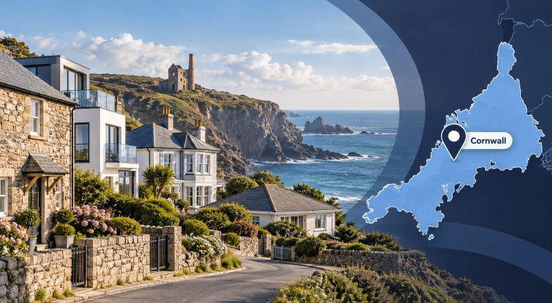 Equity Release Advisers in Cornwall hero image showing a Cornwall coastal street with mixed property types, a Cornwall map, and a location pin.