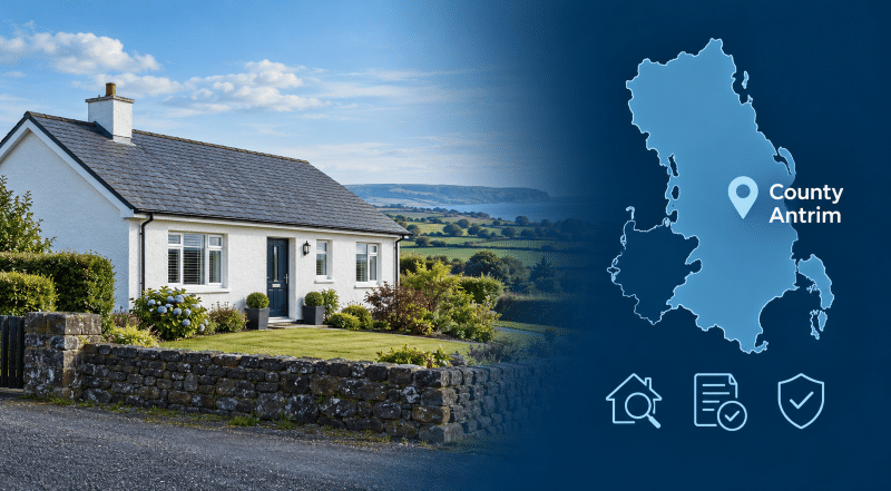 Equity Release Advisers in County Antrim: Property Checks First – bungalow beside a map highlighting County Antrim, with property-check icons in dark and light blue.