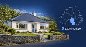 quity Release Advisers in County Armagh – a bungalow with apple trees, beside a Northern Ireland map highlighting County Armagh in dark and light blue.