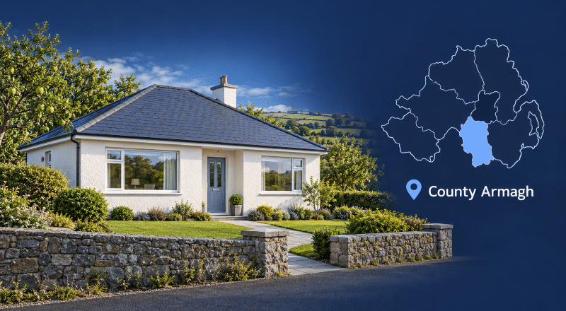 quity Release Advisers in County Armagh – a bungalow with apple trees, beside a Northern Ireland map highlighting County Armagh in dark and light blue.