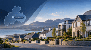 Equity Release Advisers in County Down with a County Down map, location pin, Mourne Mountains and a mix of local property types.