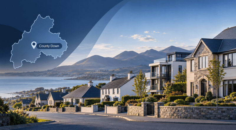 Equity Release Advisers in County Down with a County Down map, location pin, Mourne Mountains and a mix of local property types.