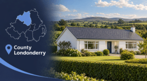 Equity Release Advisers in County Londonderry: an illustrated bungalow with countryside inspired by the Roe Valley, beside a highlighted county map and location ic