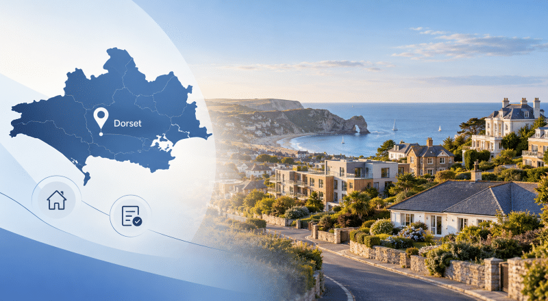 Equity Release Advisers in Dorset hero image showing a Dorset location map, coastal homes and a famous local landmark.