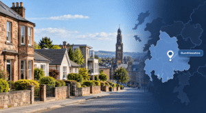 Equity Release Advisers in Dumfriesshire hero image showing a Dumfriesshire street with traditional and modern homes, the Midsteeple landmark, and a branded location map with pin.