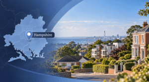 Equity Release Advisers in Hampshire hero image showing a Hampshire map pin, coastal homes, varied property types and a Hampshire landmark in branded blue tones