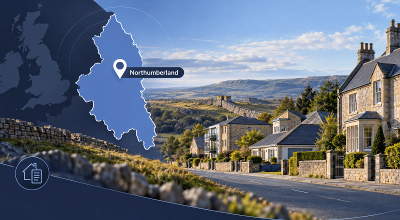 Equity Release Advisers in Northumberland hero image showing a map of Northumberland, a location pin, varied local homes and a Northumberland landmark