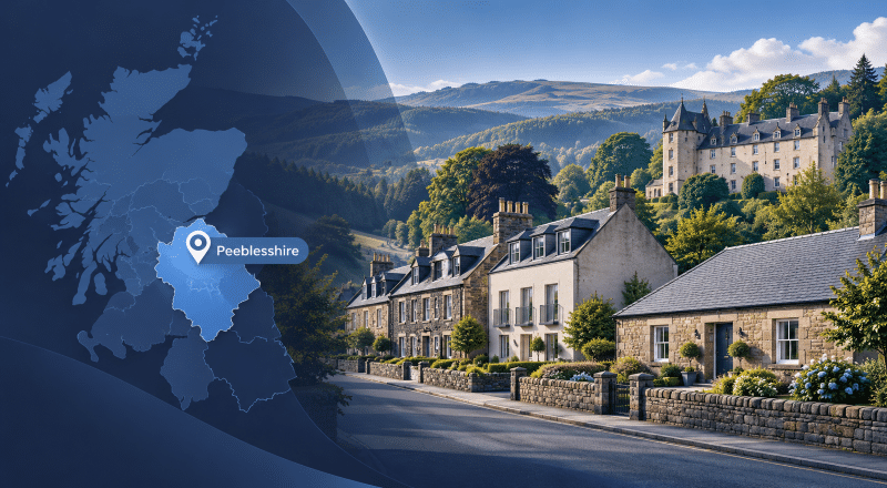 Equity Release Advisers in Peeblesshire with a location map, local homes and a Peeblesshire landmark in a blue-toned hero image.