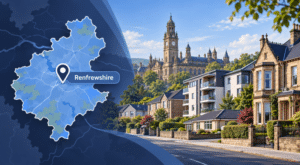 Equity Release Advisers in Renfrewshire hero image showing a Renfrewshire map with location pin, local housing, and a well-known landmark in branded blue tones