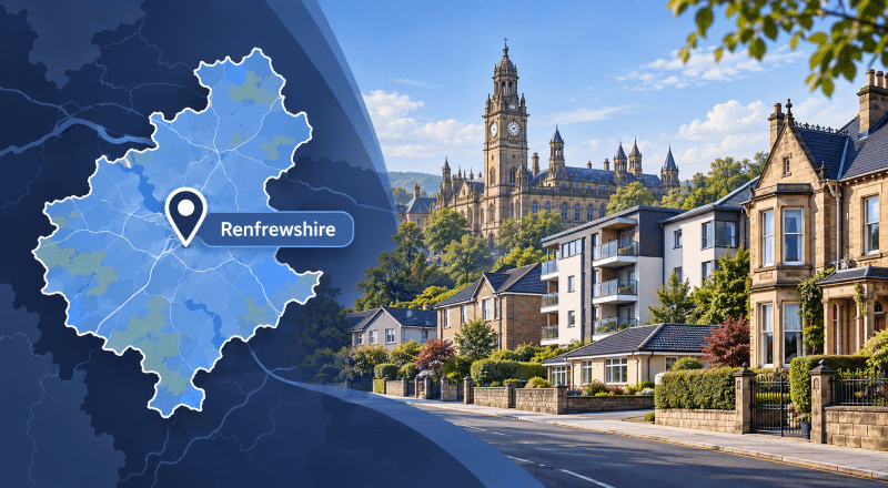 Equity Release Advisers in Renfrewshire hero image showing a Renfrewshire map with location pin, local housing, and a well-known landmark in branded blue tones