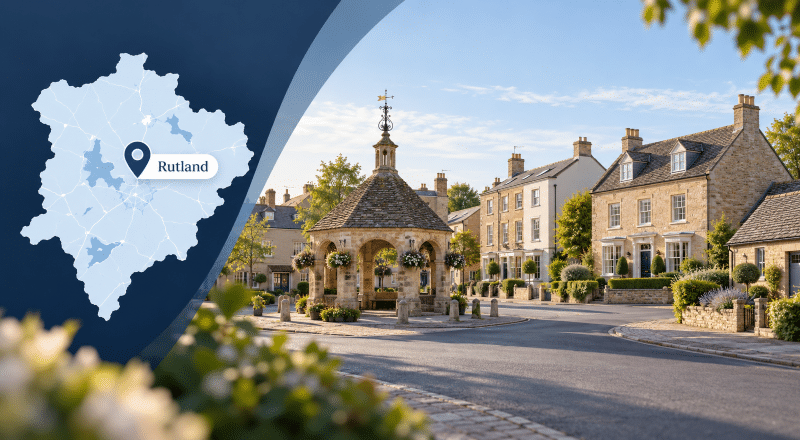 Equity Release Advisers in Ruthland hero image showing a map of Rutland with a location pin, alongside a calm market-town street scene with traditional stone homes and a distinctive local landmark.