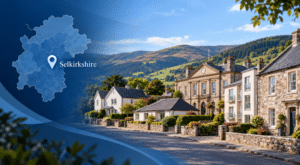 Equity Release Advisers in Selkirkshire hero image showing a Selkirkshire location map, branded location pin, and a mix of local property styles against the Scottish Borders countryside.