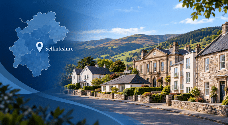 Equity Release Advisers in Selkirkshire hero image showing a Selkirkshire location map, branded location pin, and a mix of local property styles against the Scottish Borders countryside.