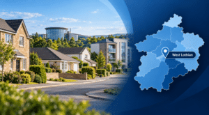 Equity Release Advisers in West Lothian hero image featuring a West Lothian residential street with varied property types, modern local architecture, and a highlighted West Lothian map with location pin.