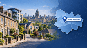Equity Release Advisers in West Yorkshire hero image showing a street with mixed property types, a West Yorkshire location map with pin, and a recognisable local landmark in the background.