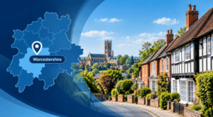 Equity Release Advisers in Worcestershire hero image featuring a Worcestershire location map and pin, traditional local homes, and a distinctive Worcestershire townscape.