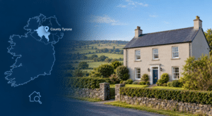 Equity Release Adviser in County Tyrone – rural home beside a map highlighting the county, with a location pin and property-check icon in dark and light blue.